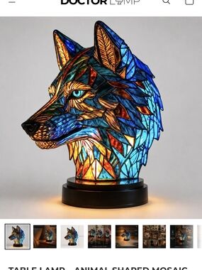 Stained Glass Wolf Table Lamp - Blue & Amber Mosaic